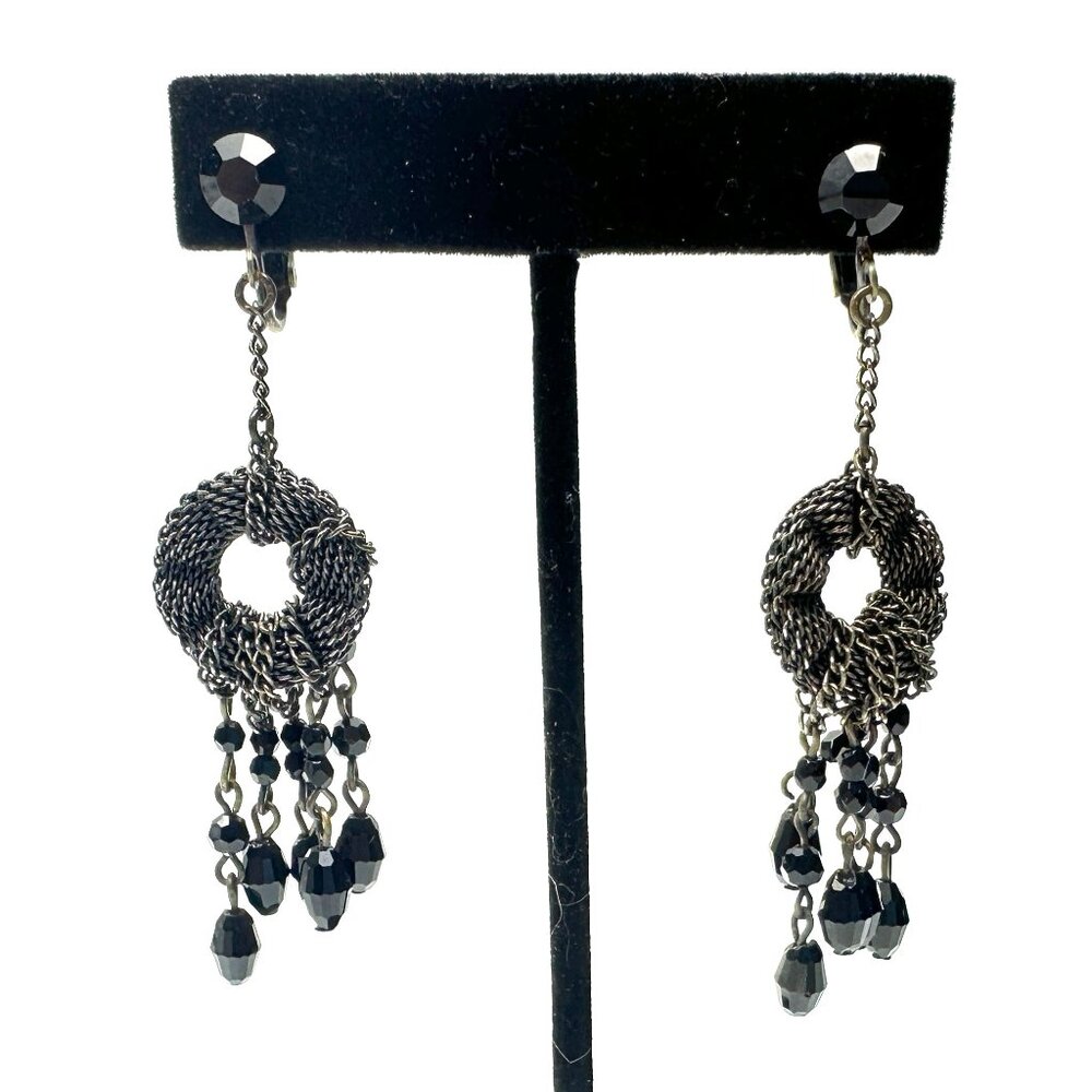 Erickson Beamon Chain Mail Drop Earrings Black Crystal Gothic — Vintage 90s EUC